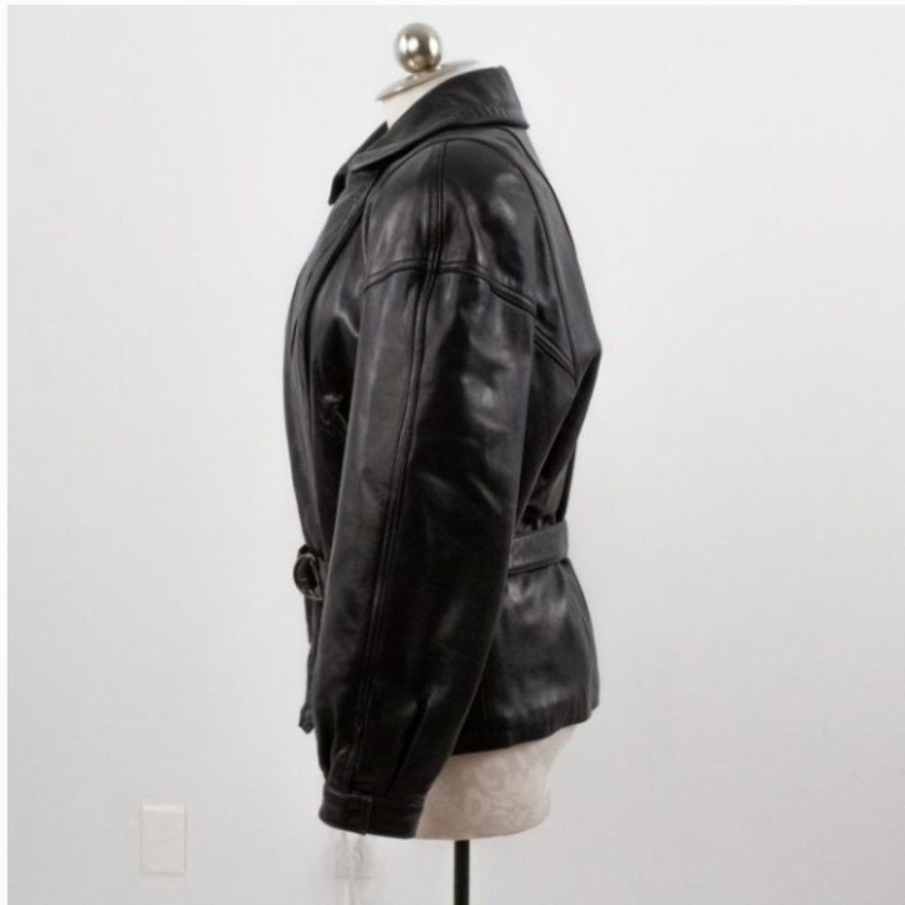 Vintage 80s Black Leather Jacket M Footballer Short Blazer Coat - Picture 7 of 14